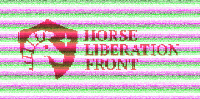 A image with a pixelated logo of the Horse Liberation Front, with scanlines and light glitch effects